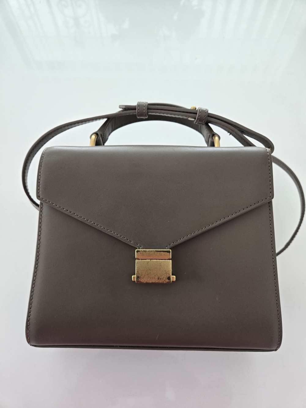Quince Small Handle Crossbody Satchel w/ Detachable Strap Taupe Gold Hardware - Picture 6 of 16